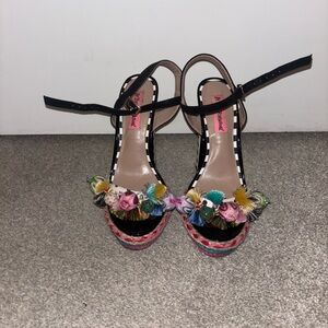 Betsey Johnson Black and Pink Sandals with Floral Embellishments